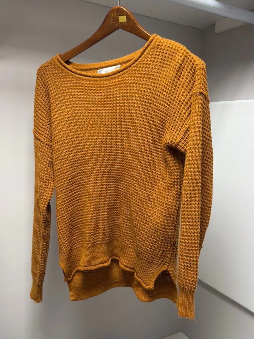 Crewneck Waffle Knit Sweater in Mustard/Brown Color